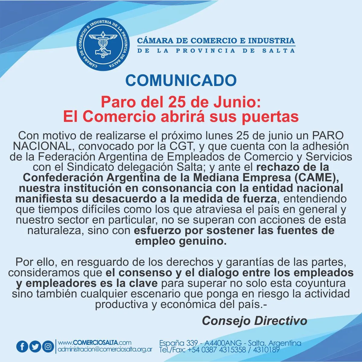 comunicado cámara de Comercio