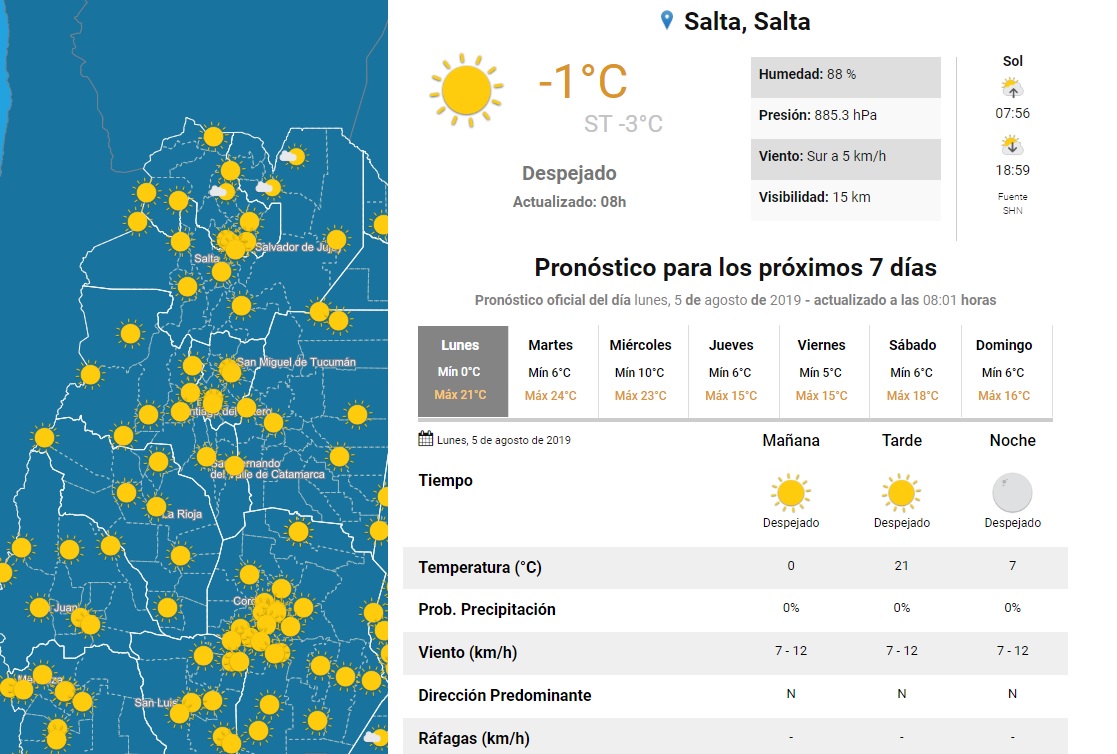 Tiempo en Salta Lunes helado, con una sensación térmica de 3°C