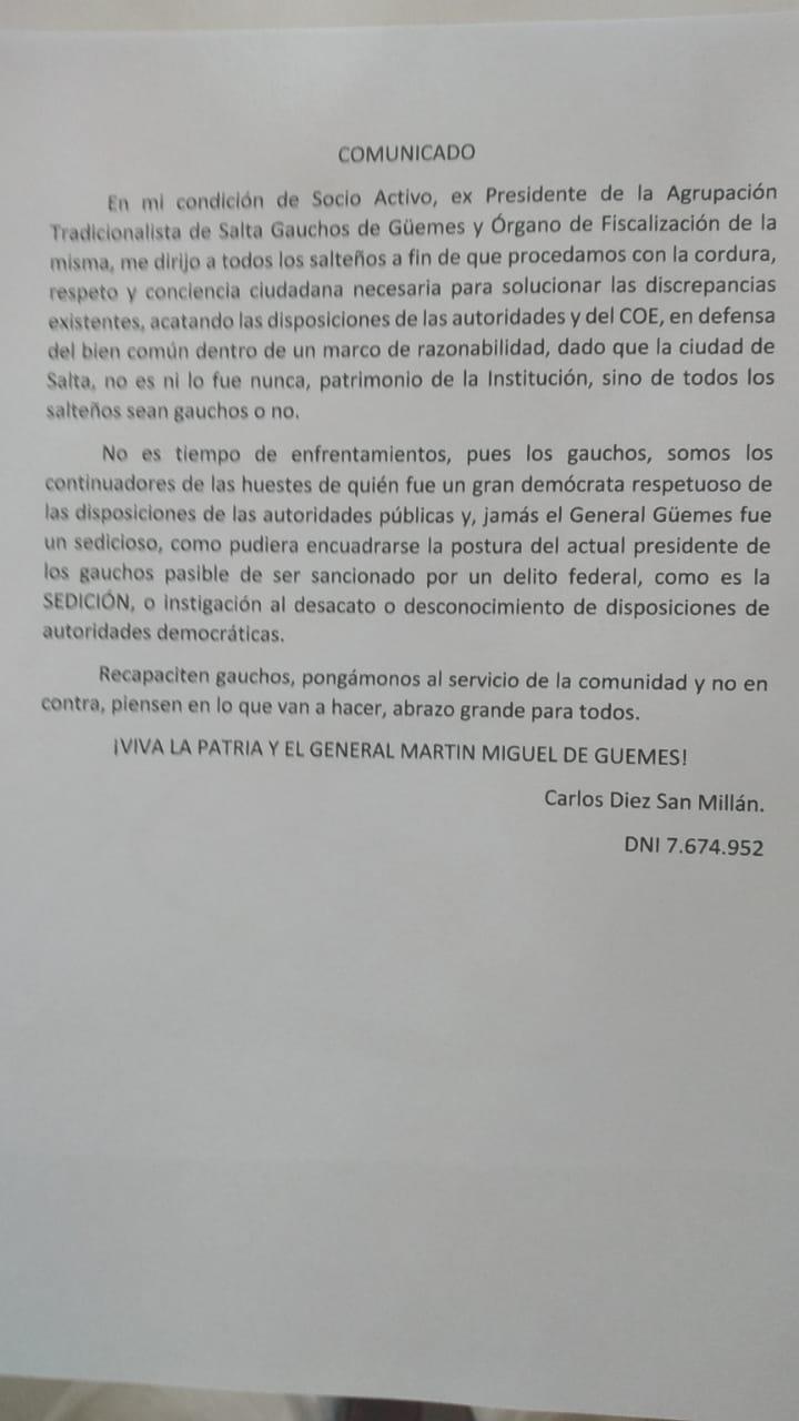 Comunicado de Carlos Diez San Millán