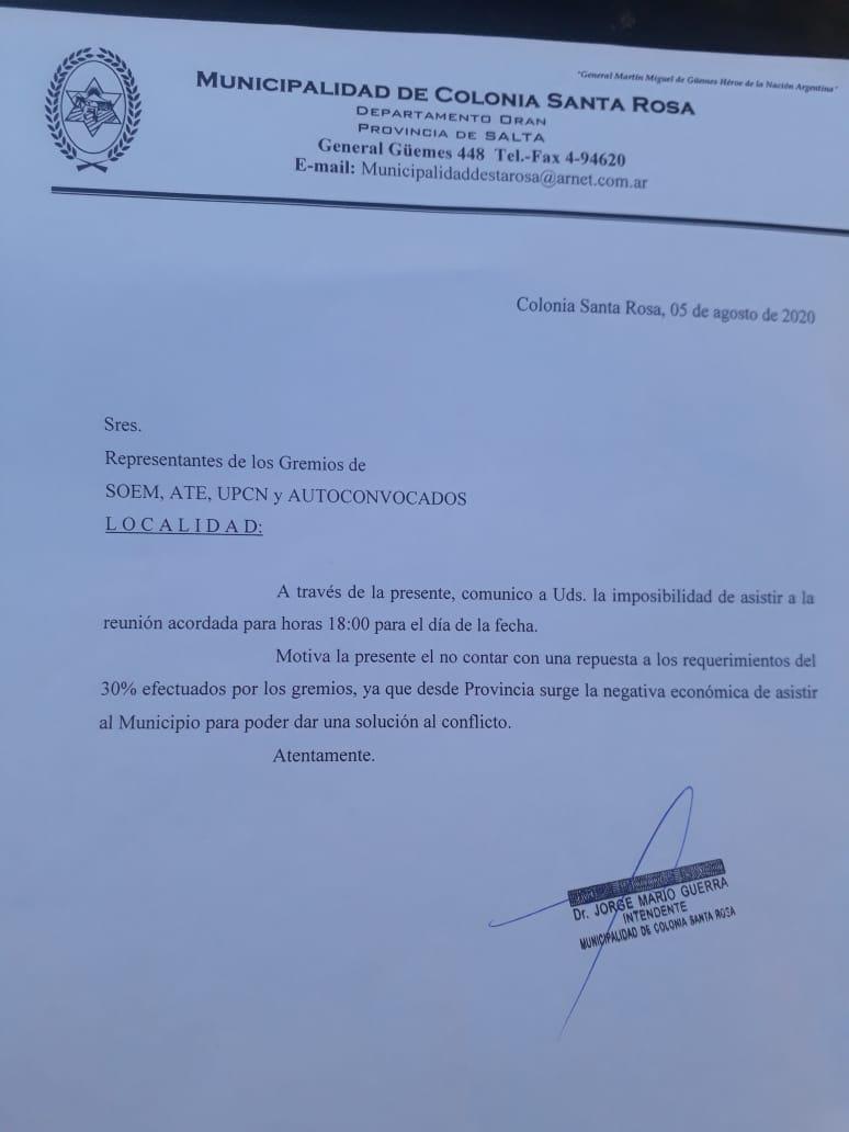 nota del intendente de Colonia a los gremios