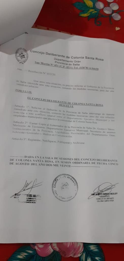 resolución Concejo Colonia Santa Rosa
