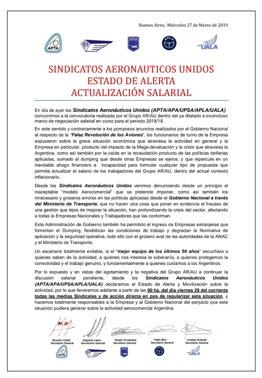 paro de aeronauticos comunicado