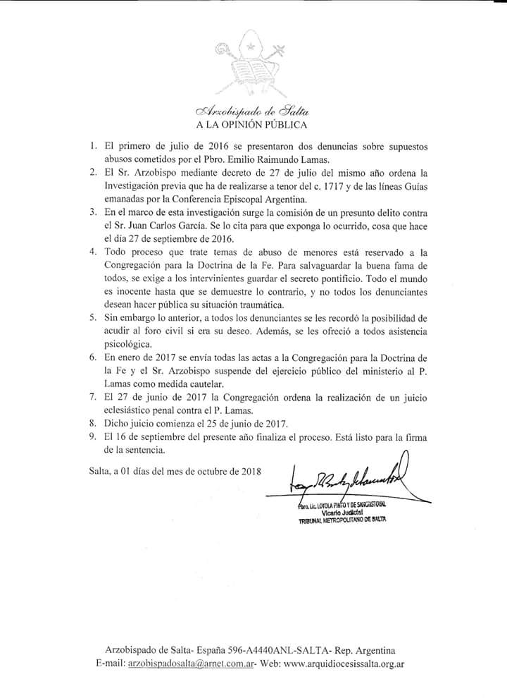caso abuso garcía - padre lamas - respuesta arzobispado