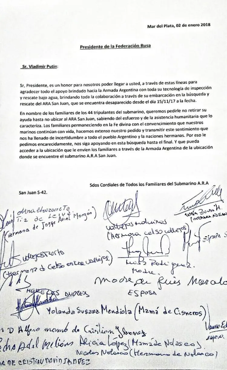 carta de la familia de los tripulantes del ara san juan
