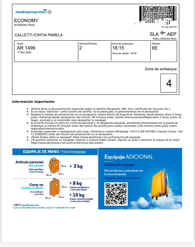 el pasaje de calleti en Aerolineas argentinas