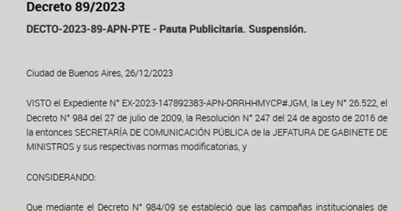 El gobierno suspende por un año la pauta oficial y podrá prorrogar la medida